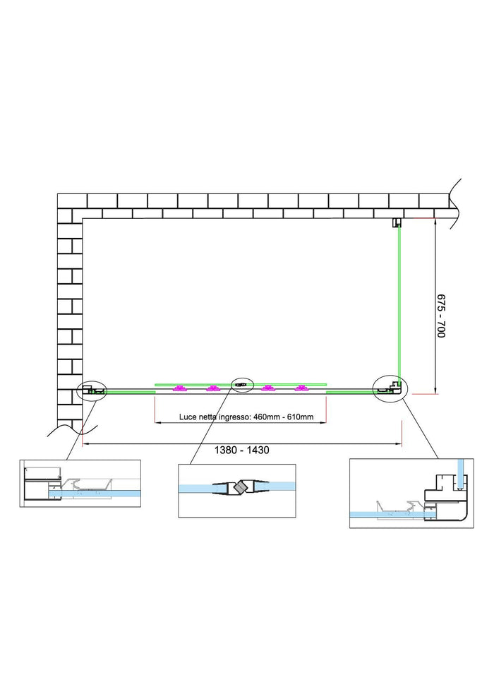 Box doccia 6 mm H 190 parete fissa e porta a 4 ante con apertura centrale MISURA 67,5-70 ANTA FISSA + PORTA 138-143 