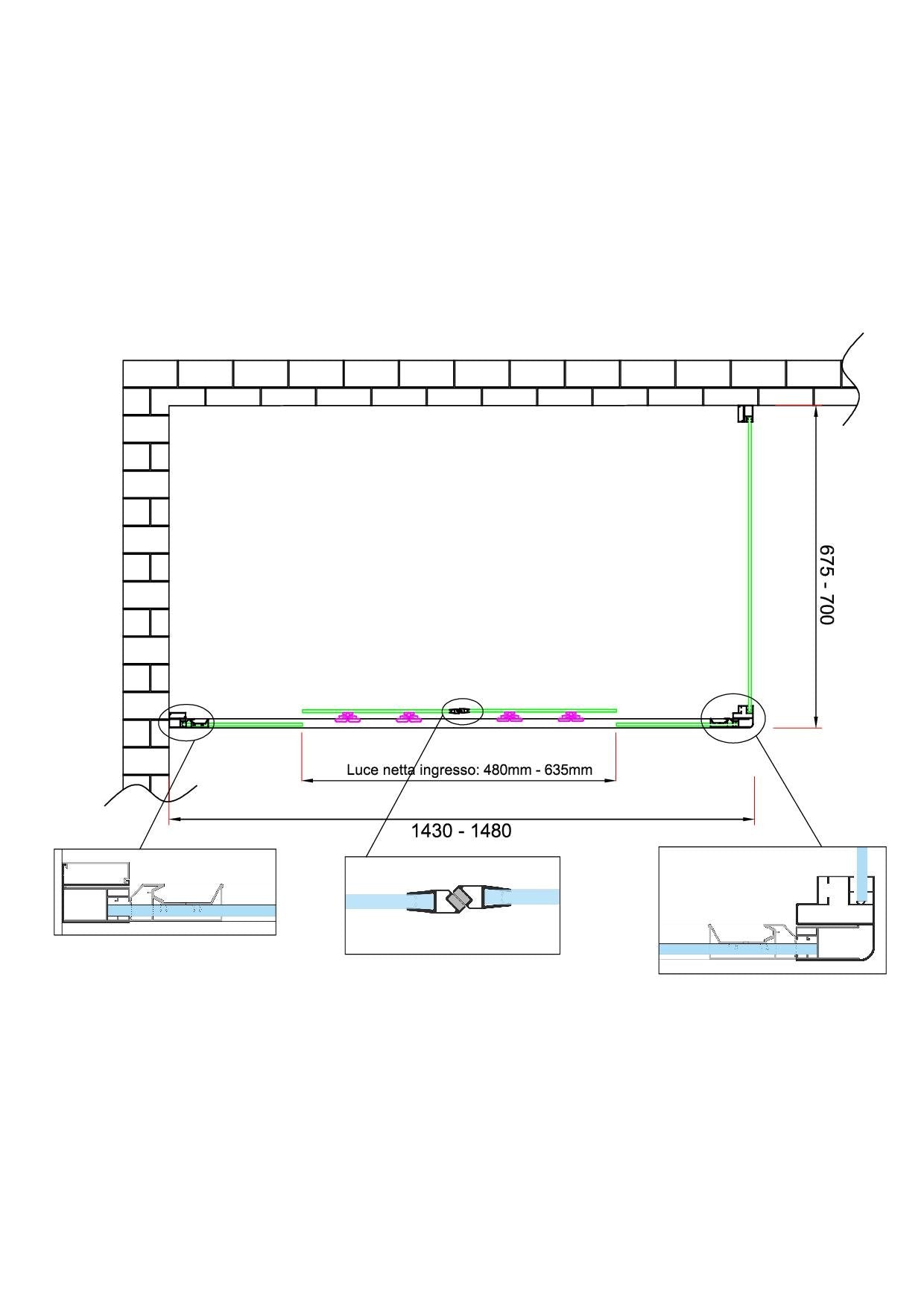 Box doccia 6 mm H 190 parete fissa e porta a 4 ante con apertura centrale MISURA 67,5-70 ANTA FISSA + PORTA 143-148 