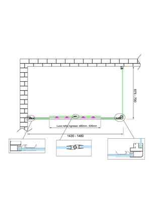 Box doccia 6 mm H 190 parete fissa e porta a 4 ante con apertura centrale MISURA 67,5-70 ANTA FISSA + PORTA 143-148 