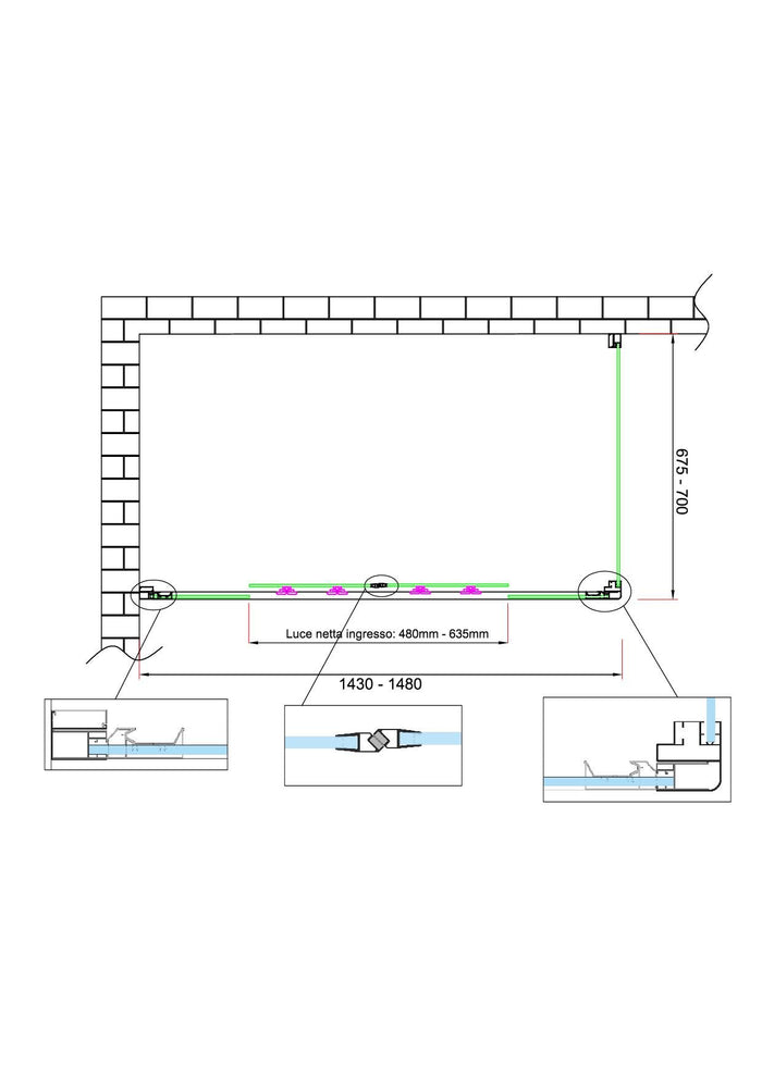 Box doccia 6 mm H 190 parete fissa e porta a 4 ante con apertura centrale MISURA 67,5-70 ANTA FISSA + PORTA 143-148 