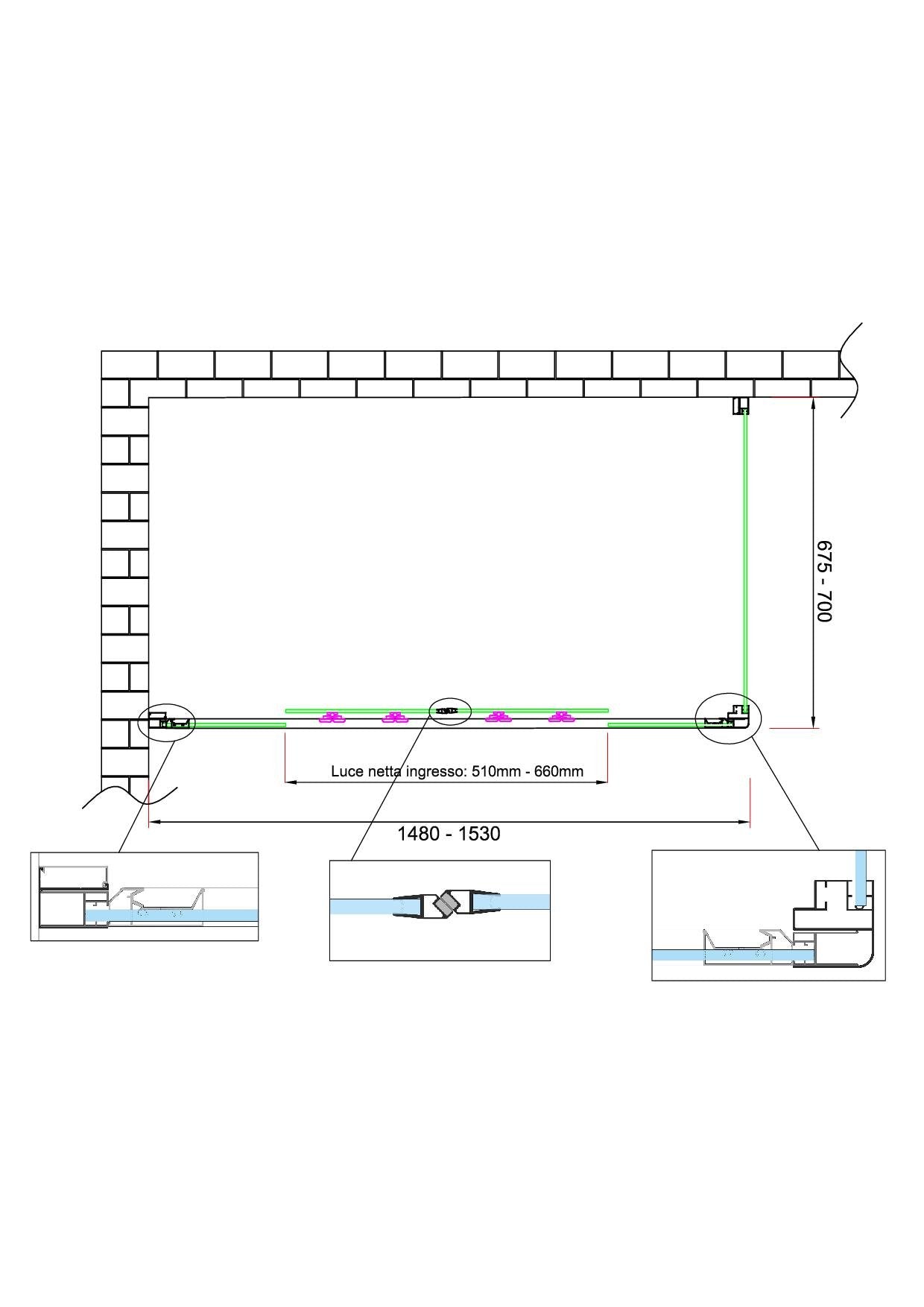Box doccia 6 mm H 190 parete fissa e porta a 4 ante con apertura centrale MISURA 67,5-70 ANTA FISSA + PORTA 148-153 