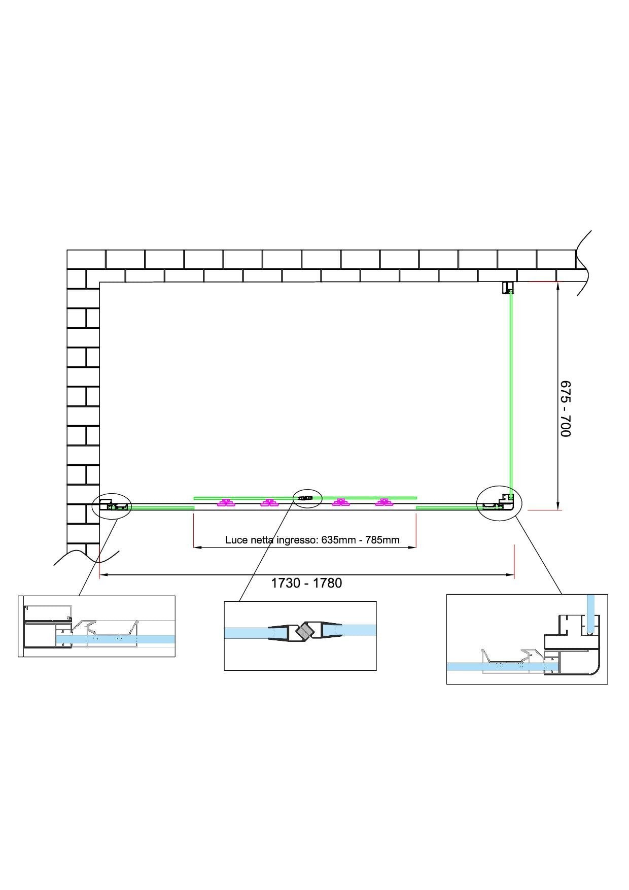 Box doccia 6 mm H 190 parete fissa e porta a 4 ante con apertura centrale MISURA 67,5-70 ANTA FISSA + PORTA 173-178 