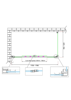 Box doccia 6 mm H 190 parete fissa e porta a 4 ante con apertura centrale MISURA 67,5-70 ANTA FISSA + PORTA 173-178 
