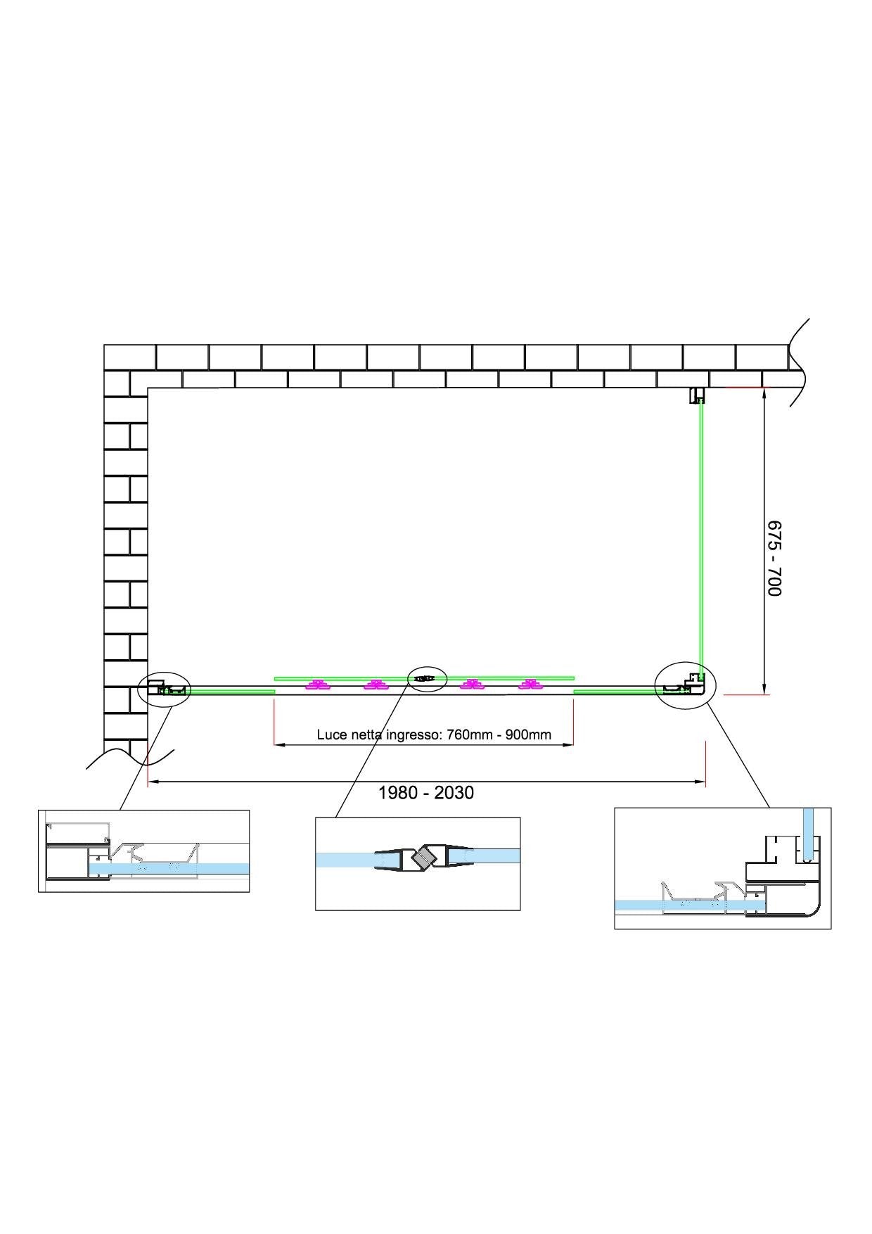 Box doccia 6 mm H 190 parete fissa e porta a 4 ante con apertura centrale MISURA 67,5-70 ANTA FISSA + PORTA 198-203 