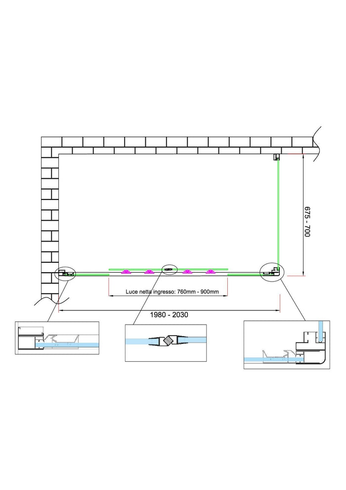 Box doccia 6 mm H 190 parete fissa e porta a 4 ante con apertura centrale MISURA 67,5-70 ANTA FISSA + PORTA 198-203 