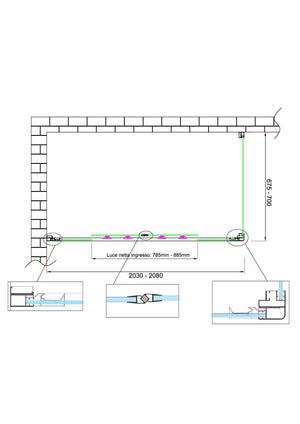 Box doccia 6 mm H 190 parete fissa e porta a 4 ante con apertura centrale MISURA 67,5-70 ANTA FISSA + PORTA 203-208 
