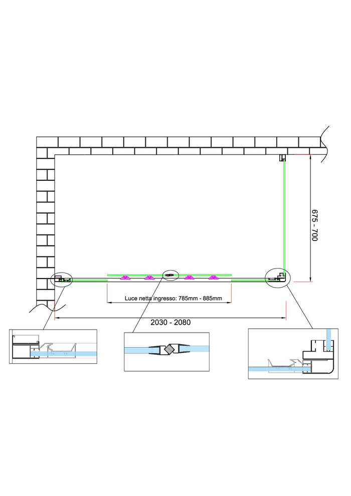 Box doccia 6 mm H 190 parete fissa e porta a 4 ante con apertura centrale MISURA 67,5-70 ANTA FISSA + PORTA 203-208 