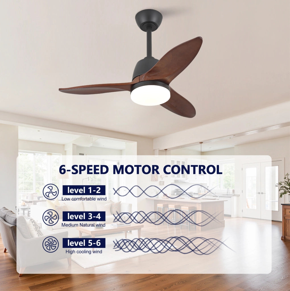 Ventilatore da soffitto moderno 36 pollici con LED; 3 pale in legno massello; nero e noce scuro
