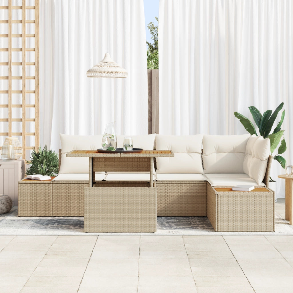 Set da pranzo da giardino 6 pezzi di con cuscini beige in rattan e acacia