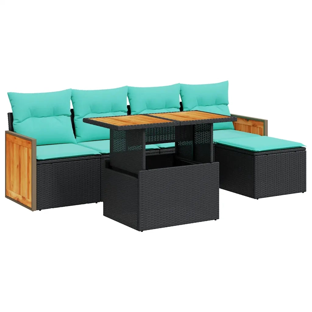 Set Divano da Giardino 6 pz con Cuscini Nero Polyrattan Acacia 3327697