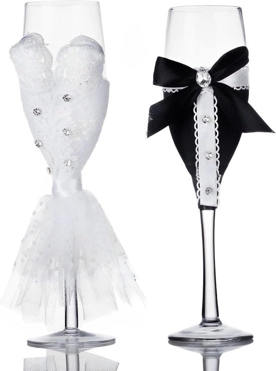 Set di Calici di Champagne con Scatola Regalo - Calici di Cristallo con Orlo Decorato a Stucco - Ideale per Matrimonio e Compleanni - Eleganza Festa (Nero)