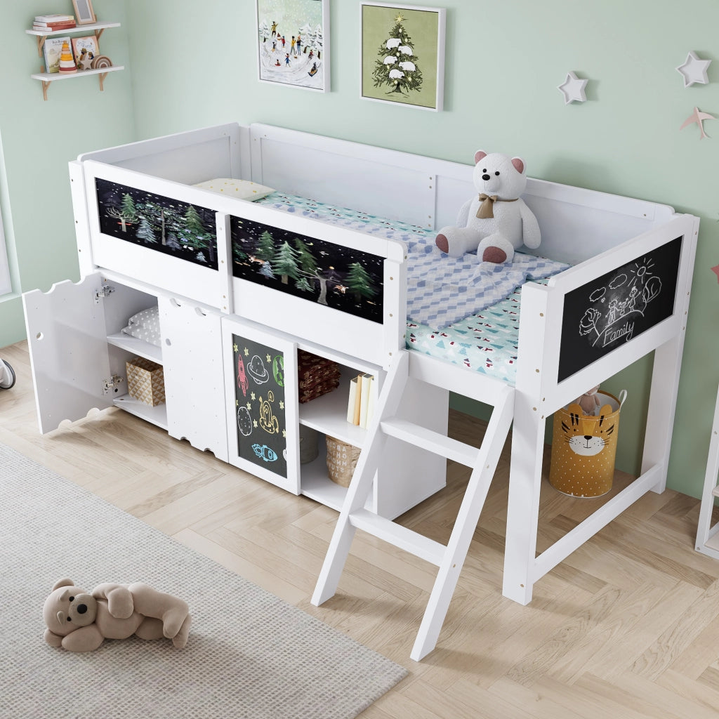 Hochbett bianco con armadi a doppia anta e lavagna integrata in abete MDF compensato 90x200 cm