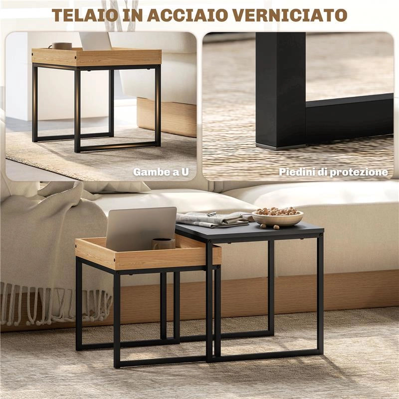 SET 2 TAVOLINI DA CAFFE' MODERNI CON GAMBE A U, IN LEGNO E ACCIAIO, 45X45X45 CM E 40X40X40 CM, NERO