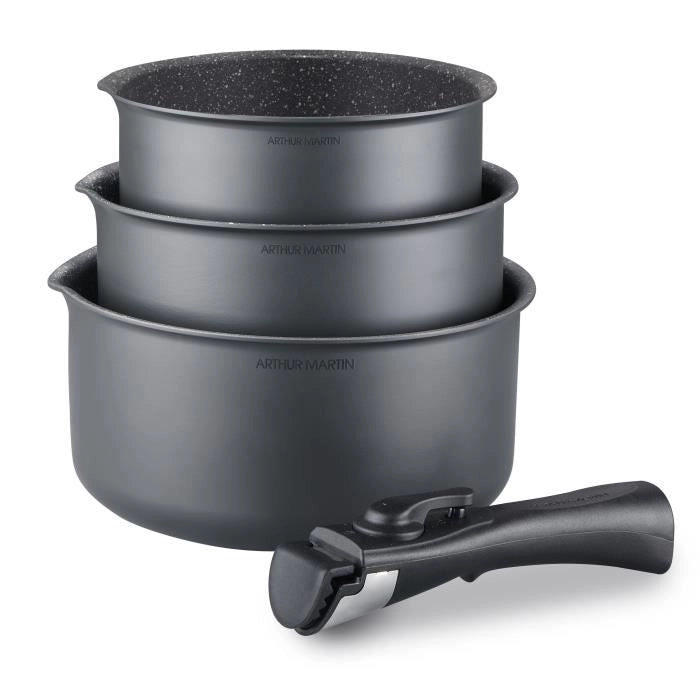 Arthur Martin AM777GM Batteria da cucina Set di 3 padelle - Matt Grey 16-18-20 cm + 1 manico rimovibile - Tutte le luci inclusa l'induzione
