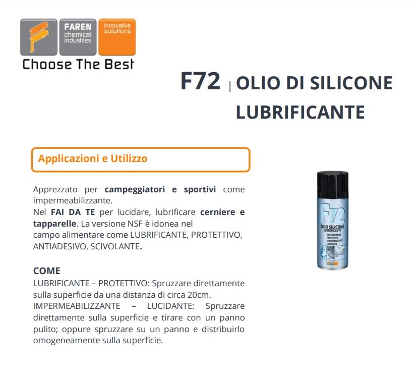 Faren f72 spray olio silicone lubrificante protettivo lucida metalli inodore 400ml