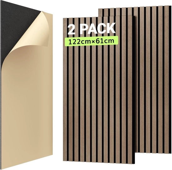 Pannelli acustici in legno autoadesivi 1.488m² - 2 pezzi da 122 x 61 x 2,1 cm, parete di pannelli in legno 3D lamellare parete di isolamento acustico, decorazione di parete interna in stile legno per studio ufficio, marrone