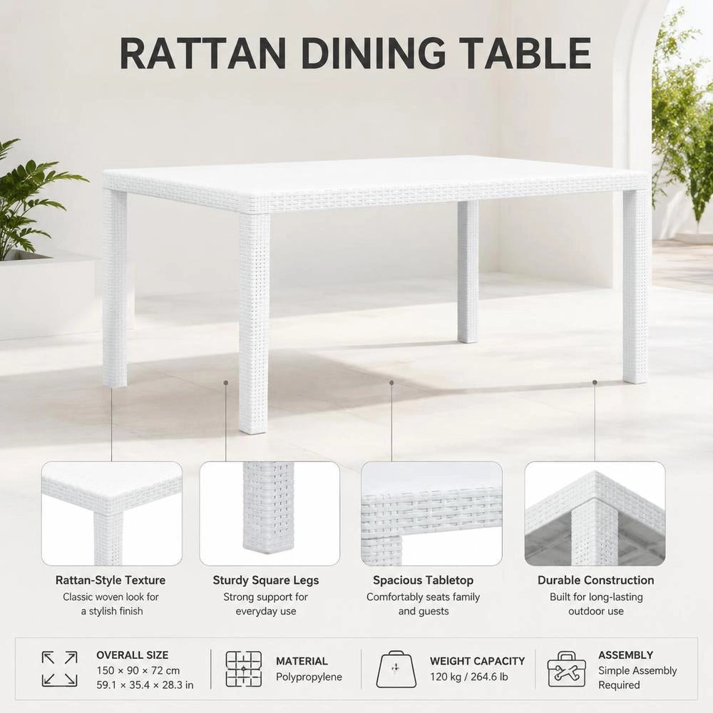 Garden Table, White, 150x90x72 Cm, Plastic, Rattan Look