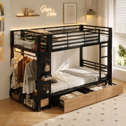 Letto a castello 90x200 cm in metallo e MDF; nero; con 2 cassetti e luce LED
