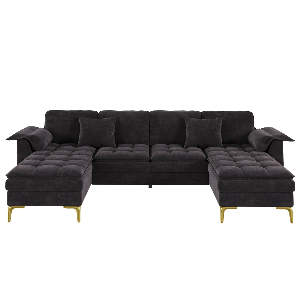 Divano angolare a U modulare con 2 chaise longue e cuscini in ciniglia nera per soggiorno 262 × 134 × 86 cm