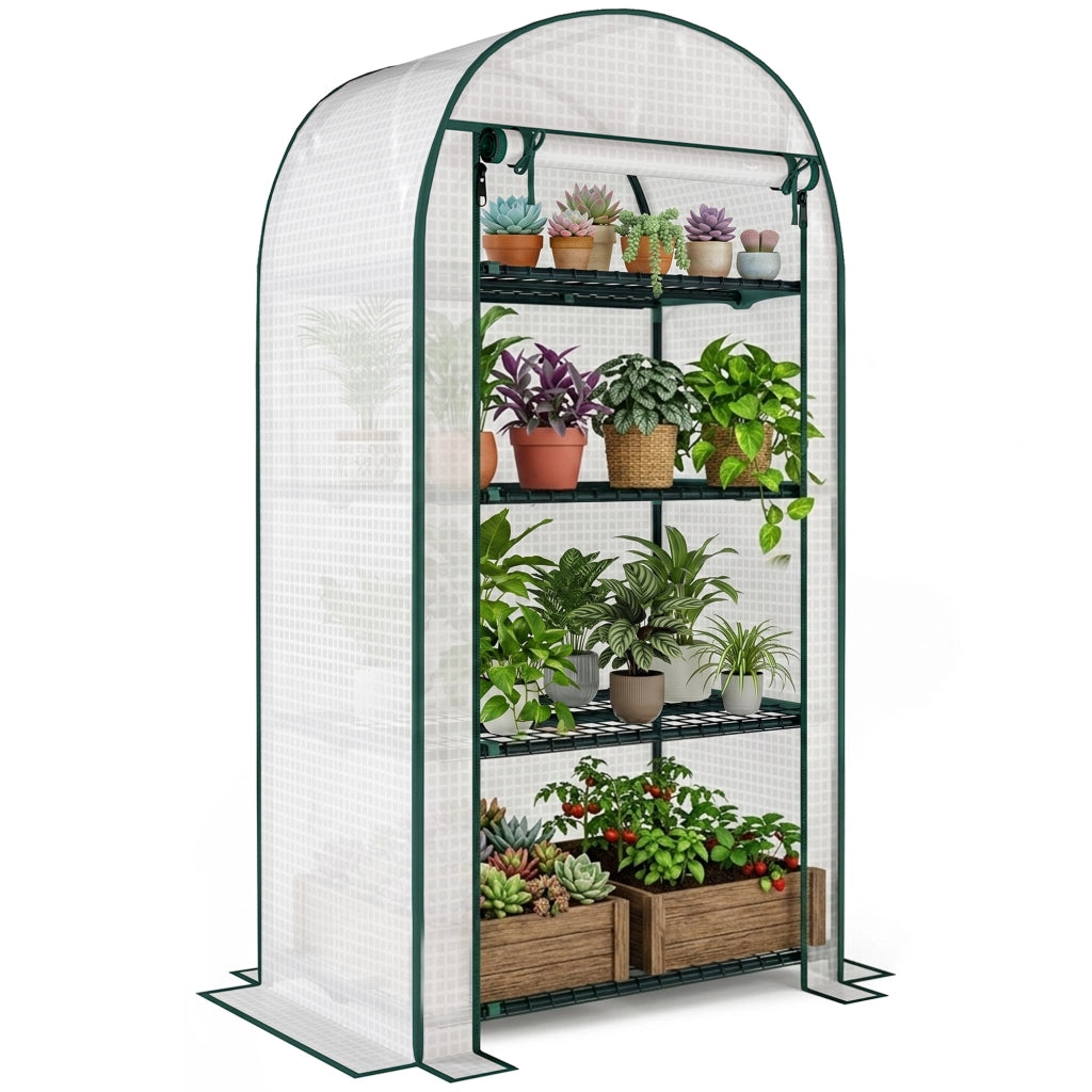 Serra da Giardino Verticale con 4 Ripiani in Metallo e Copertura in PE, 80x50x160 cm, Bianco