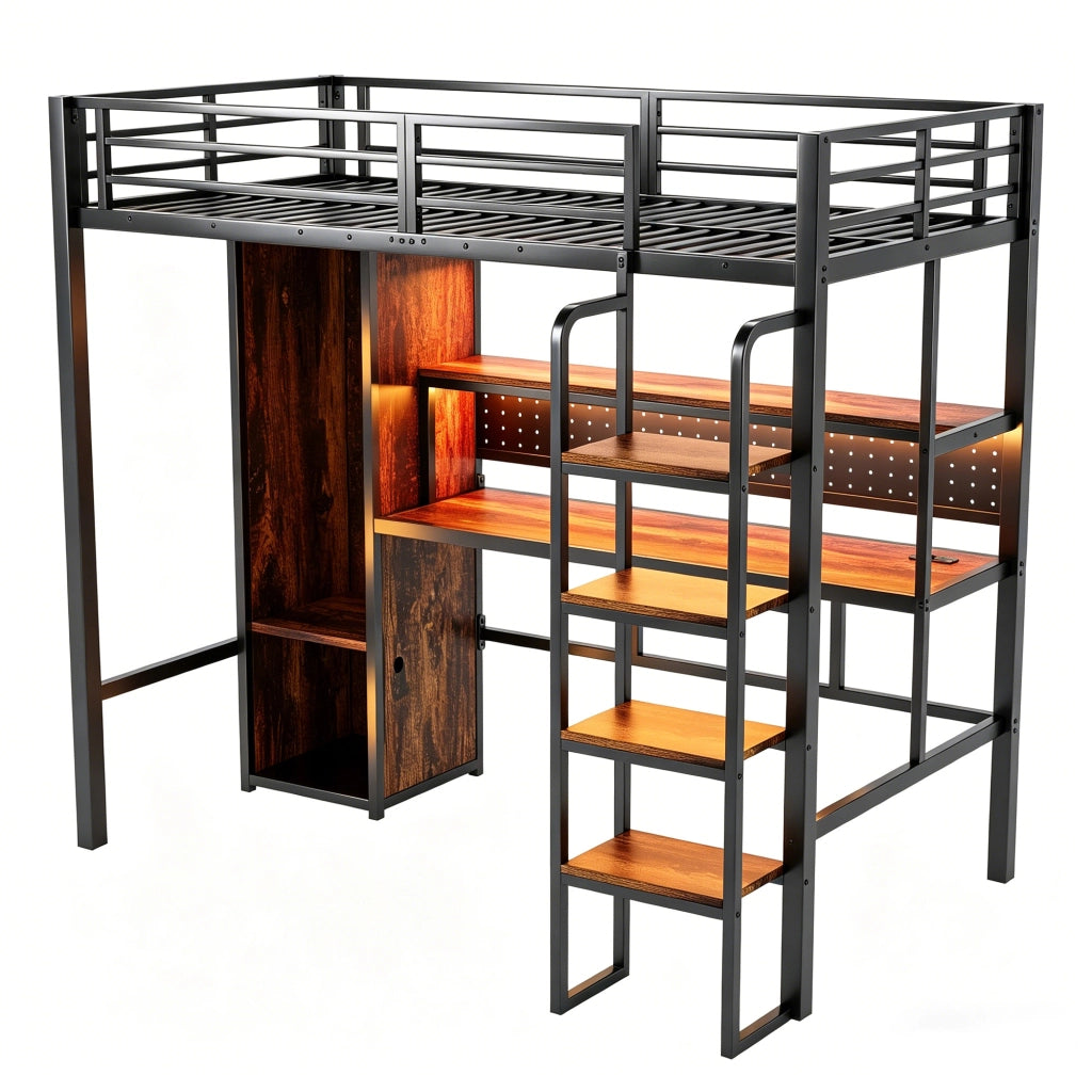 Letto a soppalco 90x200 cm con scrivania spaziosa; armadio; scala verticale e LED; nero