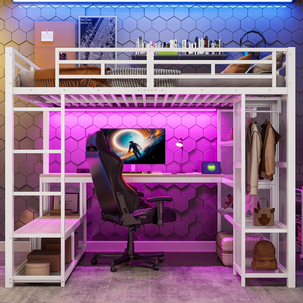 LETTO a soppalco 140x200 cm in metallo e MDF bianco con scrivania, LED e armadio aperto