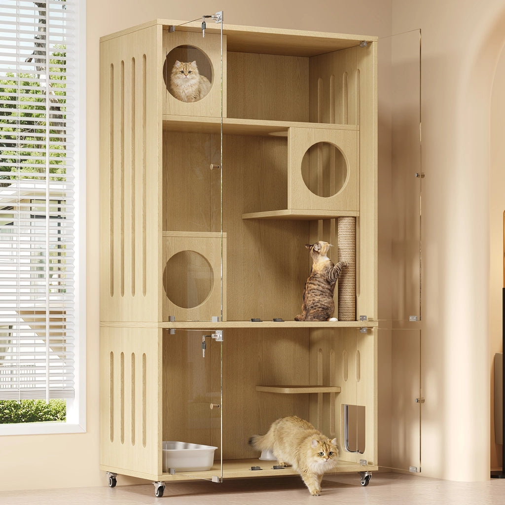 Mobile contenitore per gatti con 3 livelli e porta in vetro - 90×50×166 cm - naturale