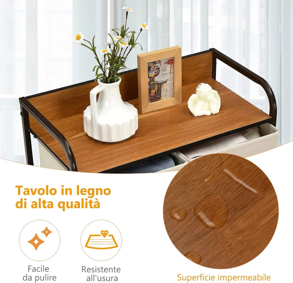 Cassettiera con 4/5 Cassetti, Organizer Verticale con Cassetti Pieghevoli in Tessuto, Cassettiera Armadietto, Comò con Struttura in Acciaio e Superficie in Legno (5 cassetti)
