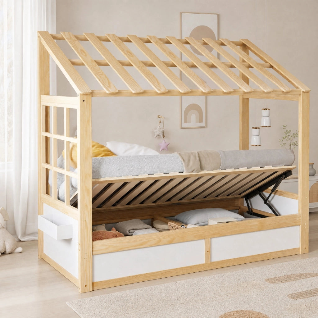 Letto per bambini a casetta 90x200 cm con contenitore idraulico e vani laterali; bianco naturale