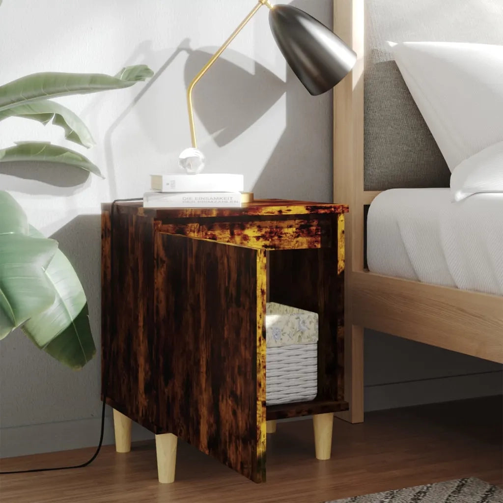 Comodini con Gambe in Legno Massello 2pz Rovere Fumo 40x30x50cm 813111