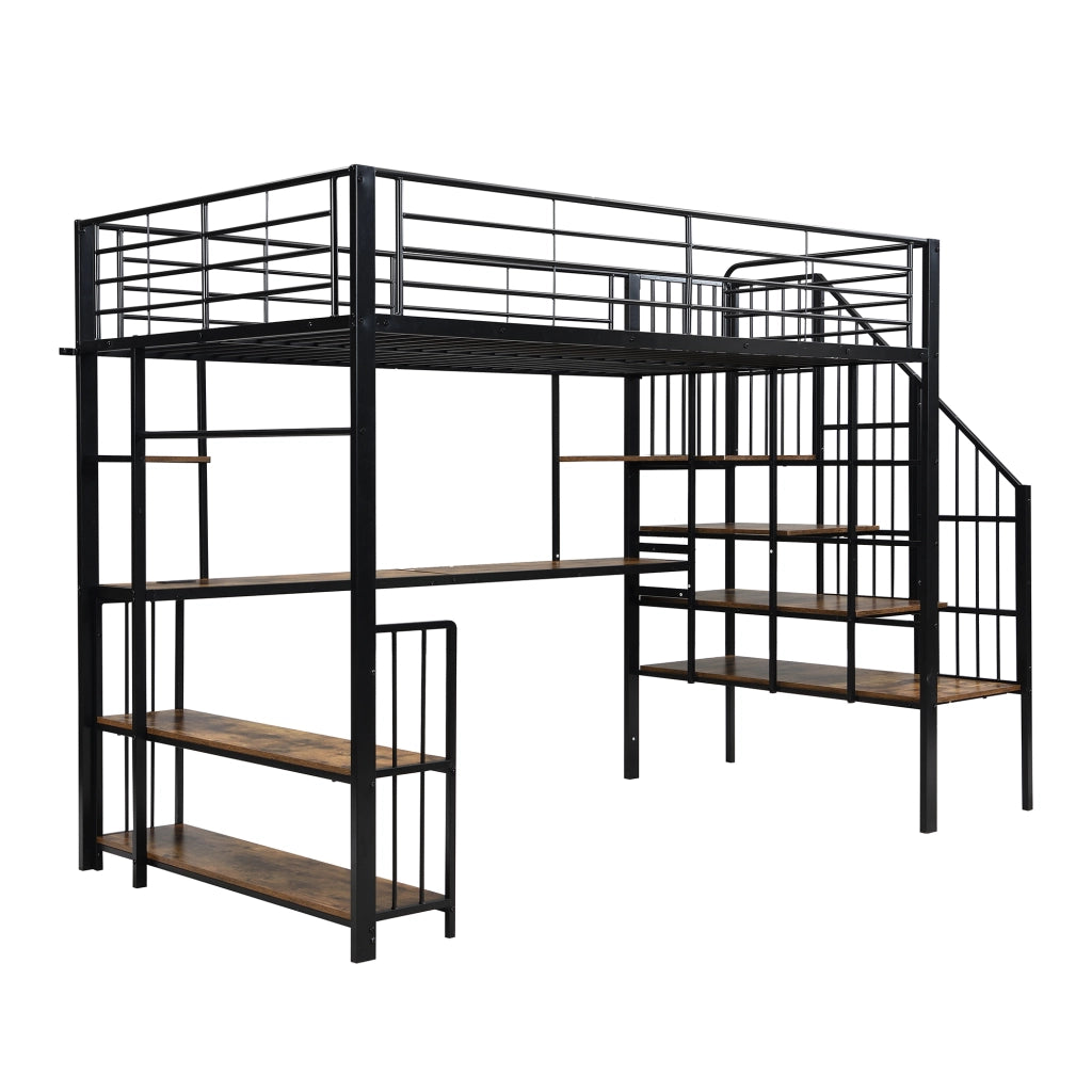 Letto a Soppalco 120x200 cm - Scala con Corrimano; Presa di Ricarica e Mensola - Nero