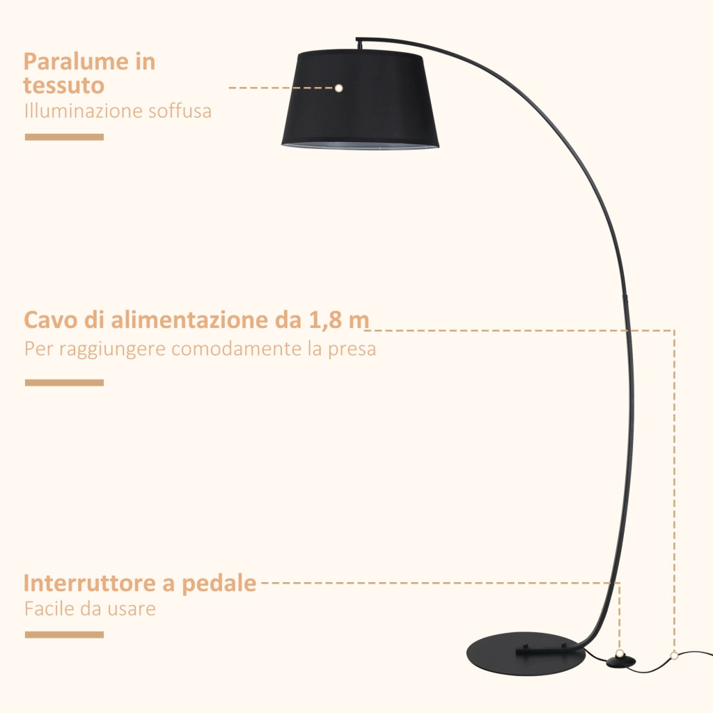 Lampada da Terra ad Arco con Paralume in Tessuto e Interruttore a Pedale, ?47x105x190cm, Nera