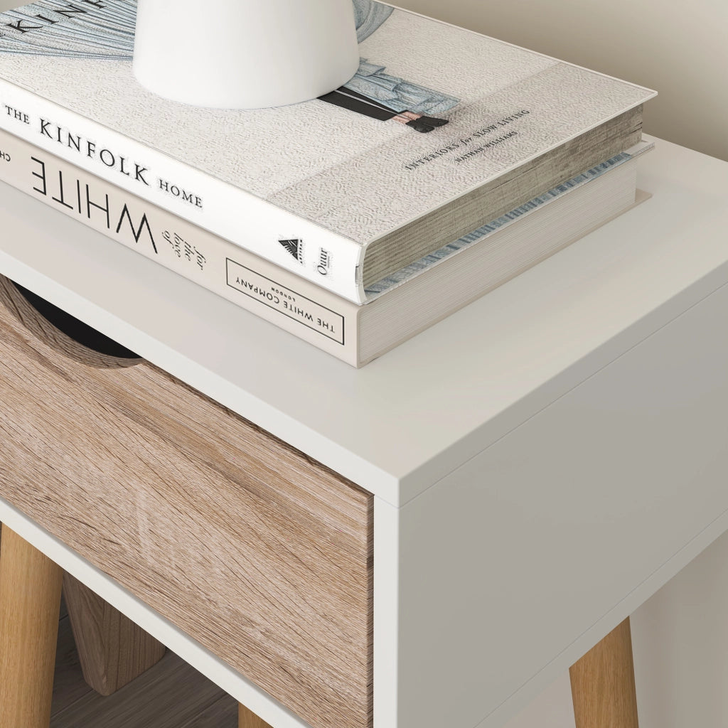 Set Östersund di 2 Comodini con Cassetto - Bianco / Effetto Rovere [en.casa]