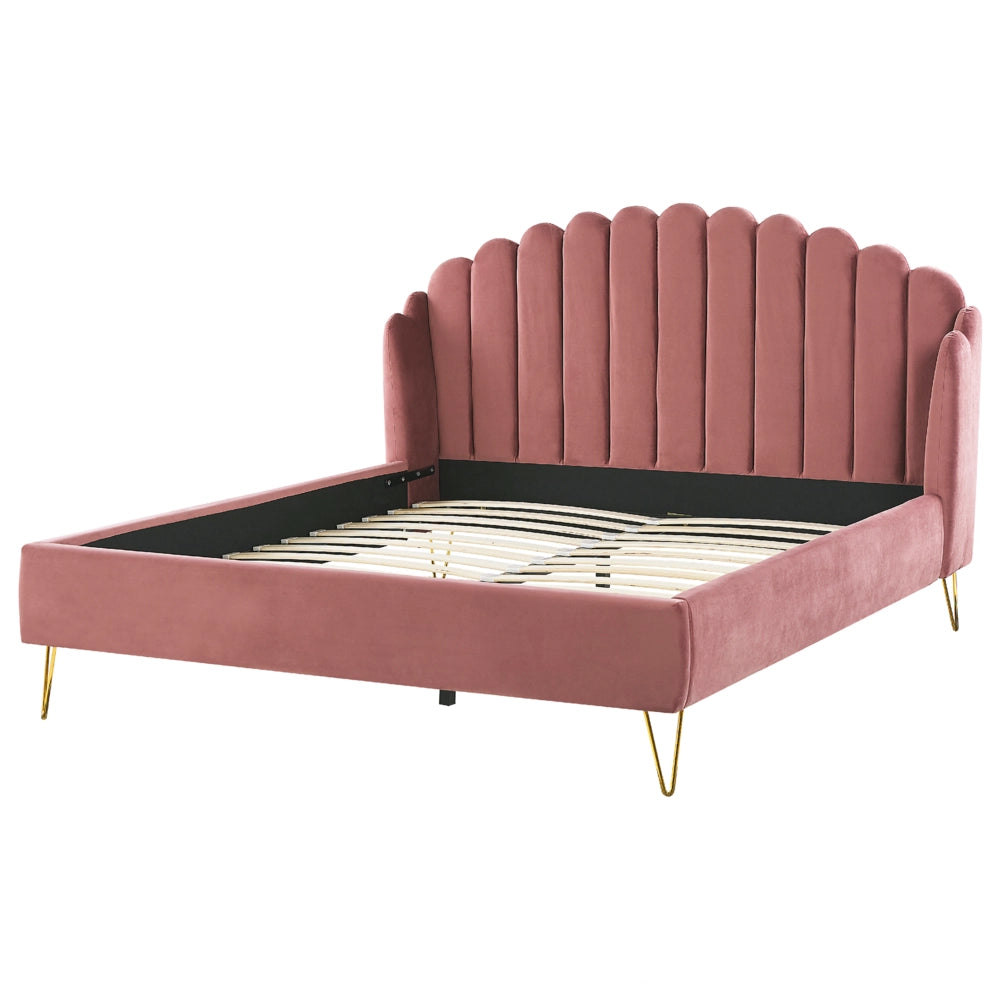 Letto con rete in velluto rosa 180 x 200 cm gambe in metallo testata retro capitonné