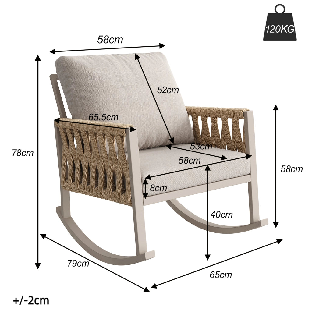 Sedia a dondolo da esterno in ferro beige con braccioli in corda e cuscini resistenti agli schizzi 65 × 79 × 78 cm