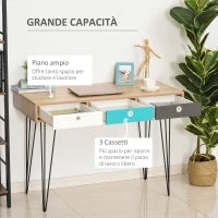 Scrivania Moderna con 3 Cassetti Multicolore in Legno e Metallo, Scrivania per Camera e Ufficio in Stile Nordico, 110x50x77.5cm