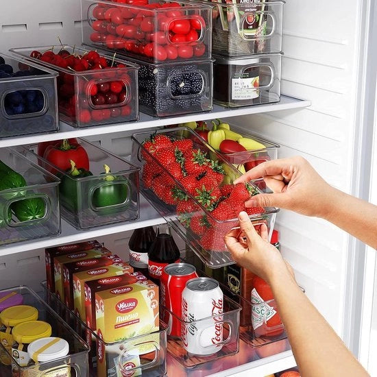 Organizzatore della dispensa, set di 8, scatola a pile stivocabile, piccole scatole della dispensa con maniglia, serbatoio trasparente per la cucina, gli armadi, il congelatore, la dispensa, libero da BPA