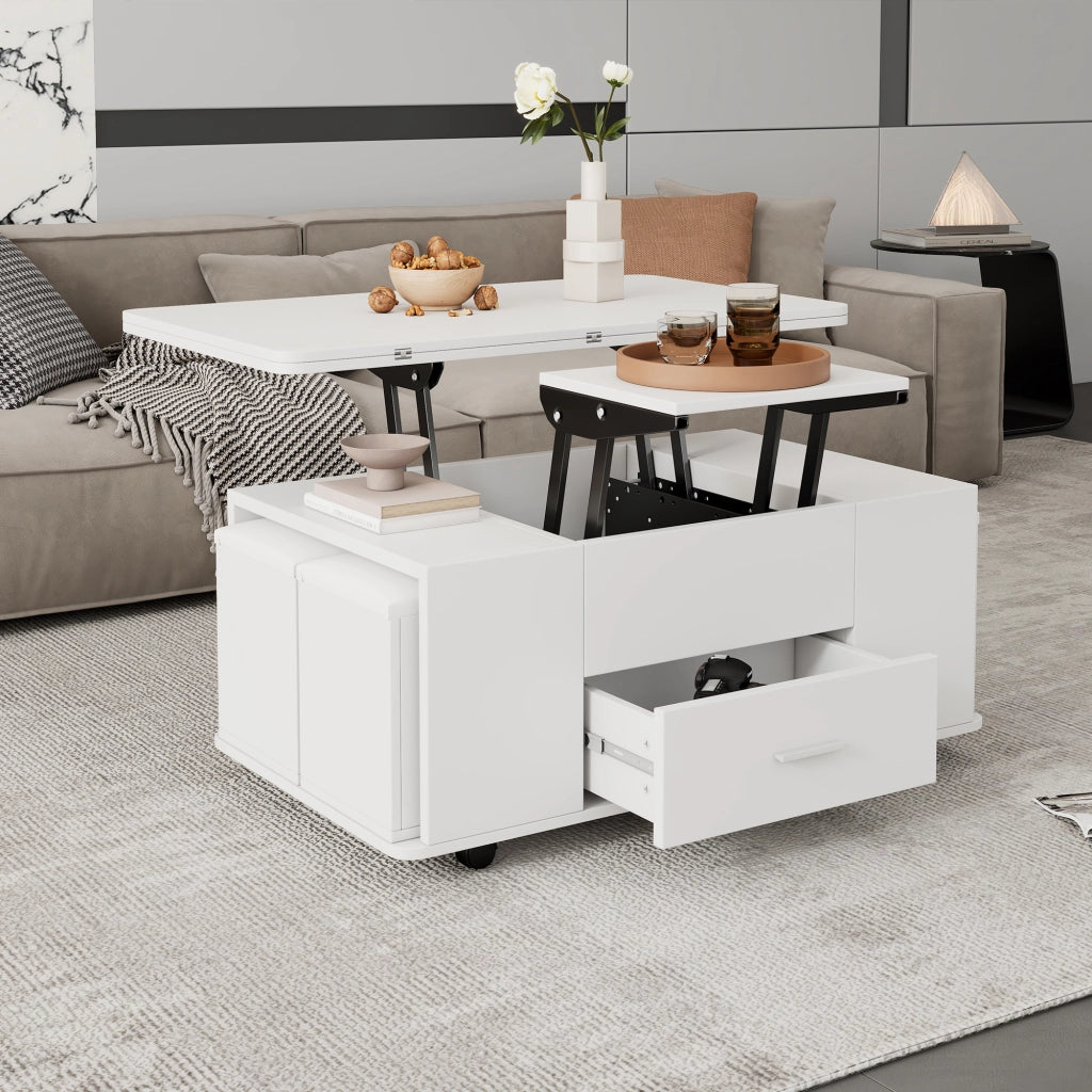 Tavolino da Caffè Sollevabile con 1 Cassetto e 4 Sgabelli Contenitore; Doppio Piano Idraulico; Stile Moderno; in Pannelli Truciolari; Bianco