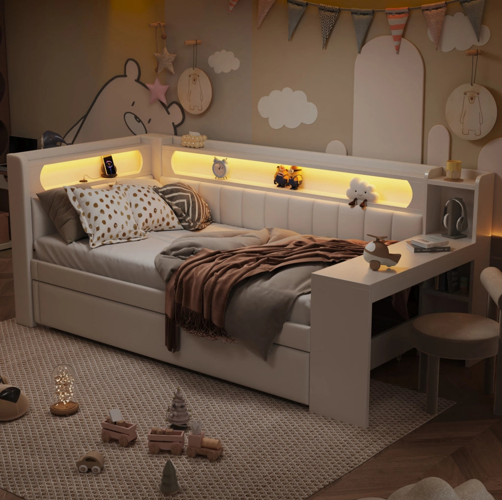 Letto da giorno imbottito 90x200 cm con letto estraibile; LED; USB e scrivania; bianco