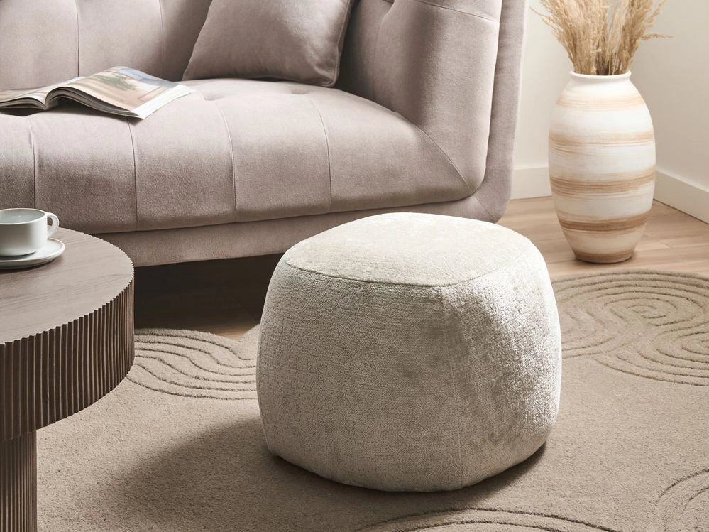 Pouf rotondo in ciniglia beige Pouf imbottito in stile glamour Mobili per soggiorno