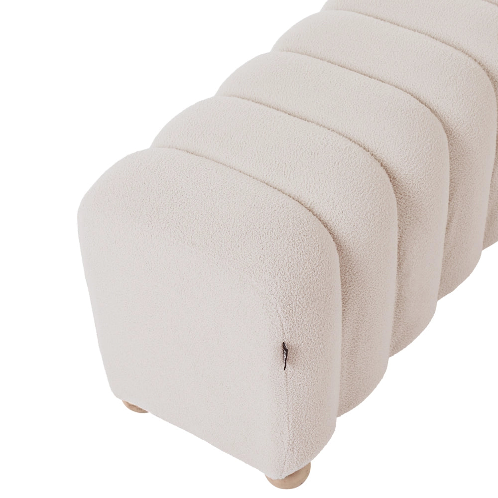 Pouf a coste con rivestimento in bouclé gambe in legno bianco sporco design moderno, accessori per il soggiorno