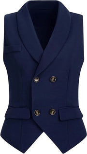 Vest elegante per donne con chiusura a doppia fila e revers senza maniche, Blu scuro, XXL collezione primaverile - vestito per donne - chiusura a doppia fila