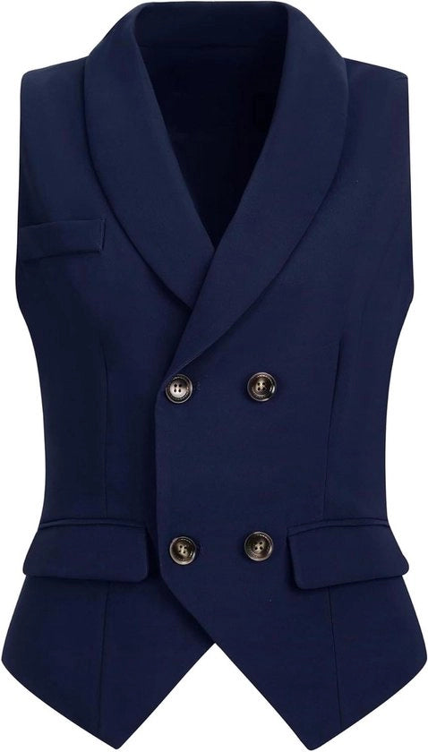 Vest elegante per donne con chiusura a doppia fila e revers senza maniche, Blu scuro, XXL collezione primaverile - vestito per donne - chiusura a doppia fila