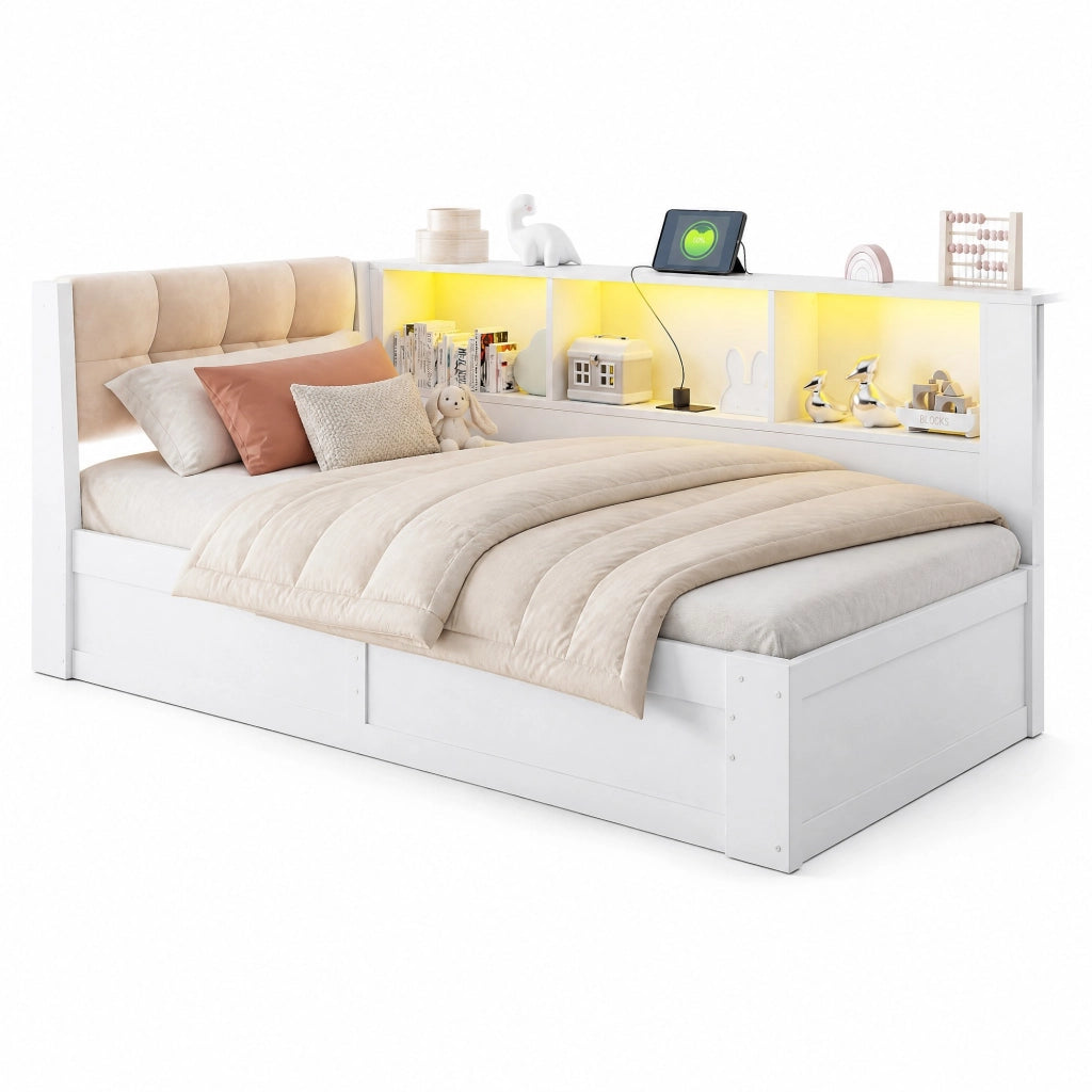 Letto singolo 90x200 cm con contenitore laterale; USB; LED e ripiano; bianco