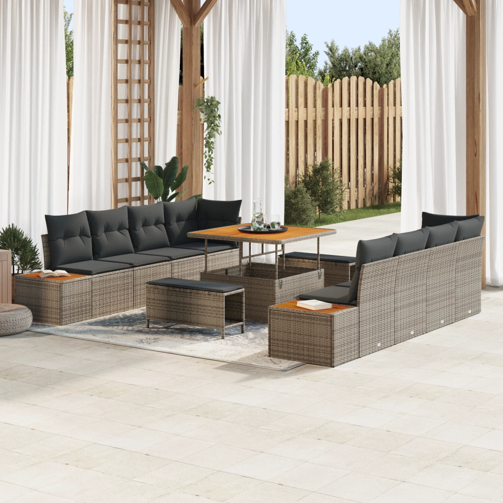 Set di divani da giardino da 11 pezzi con cuscini Grigio Poly Rattan Acacia