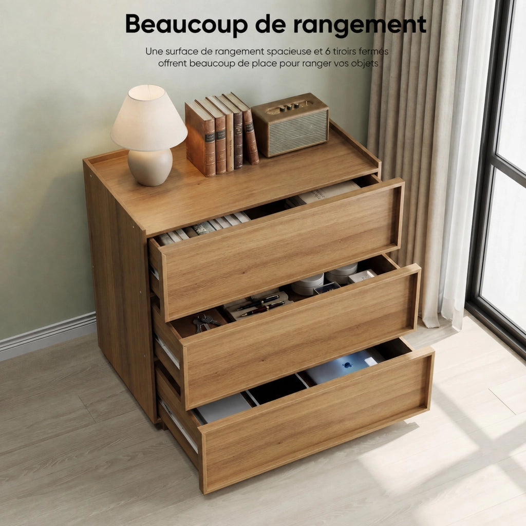 Cassettiera moderna con 3 cassetti, colore rovere, in MDF e truciolare, 80x48x78 cm