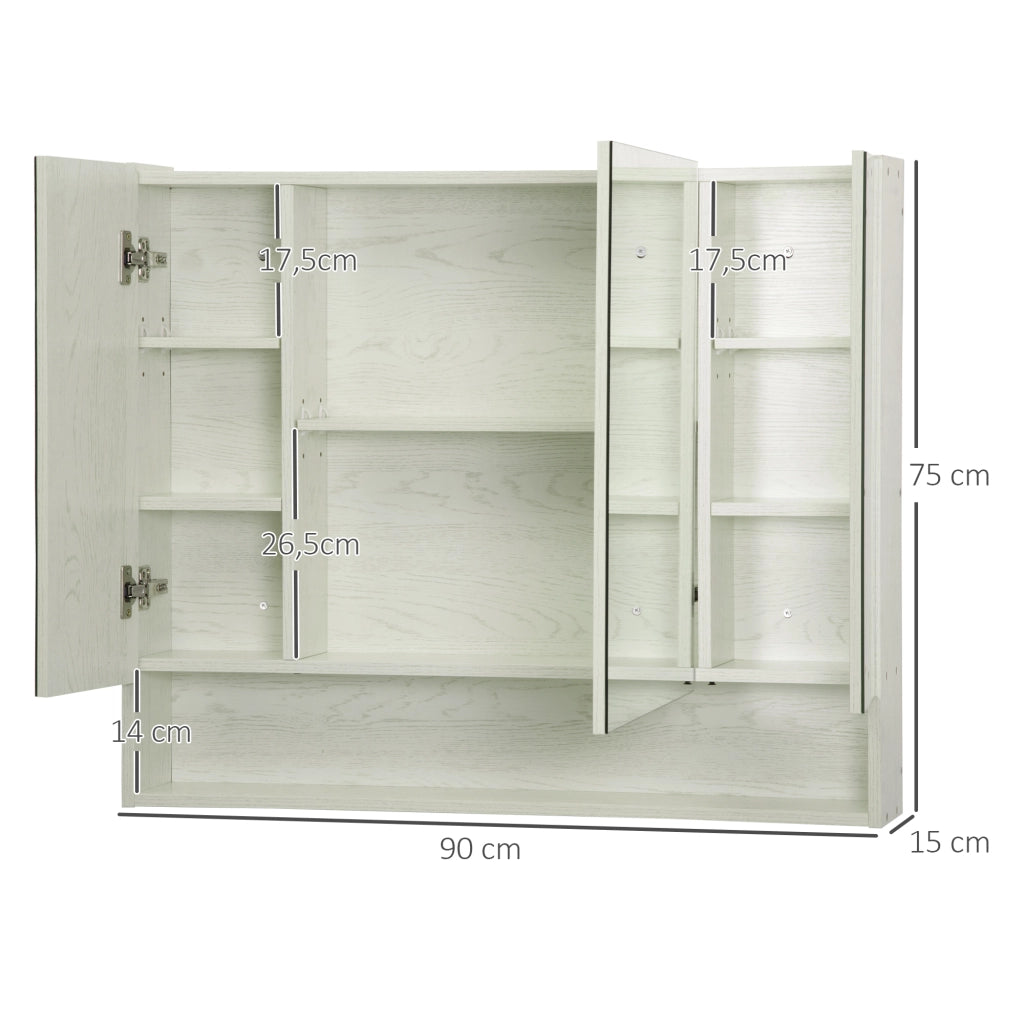 Armadio Bagno con Specchio 3 Ante e Ripiano Regolabile ¨C zephmum ¨C Bianco 90x15x75 cm