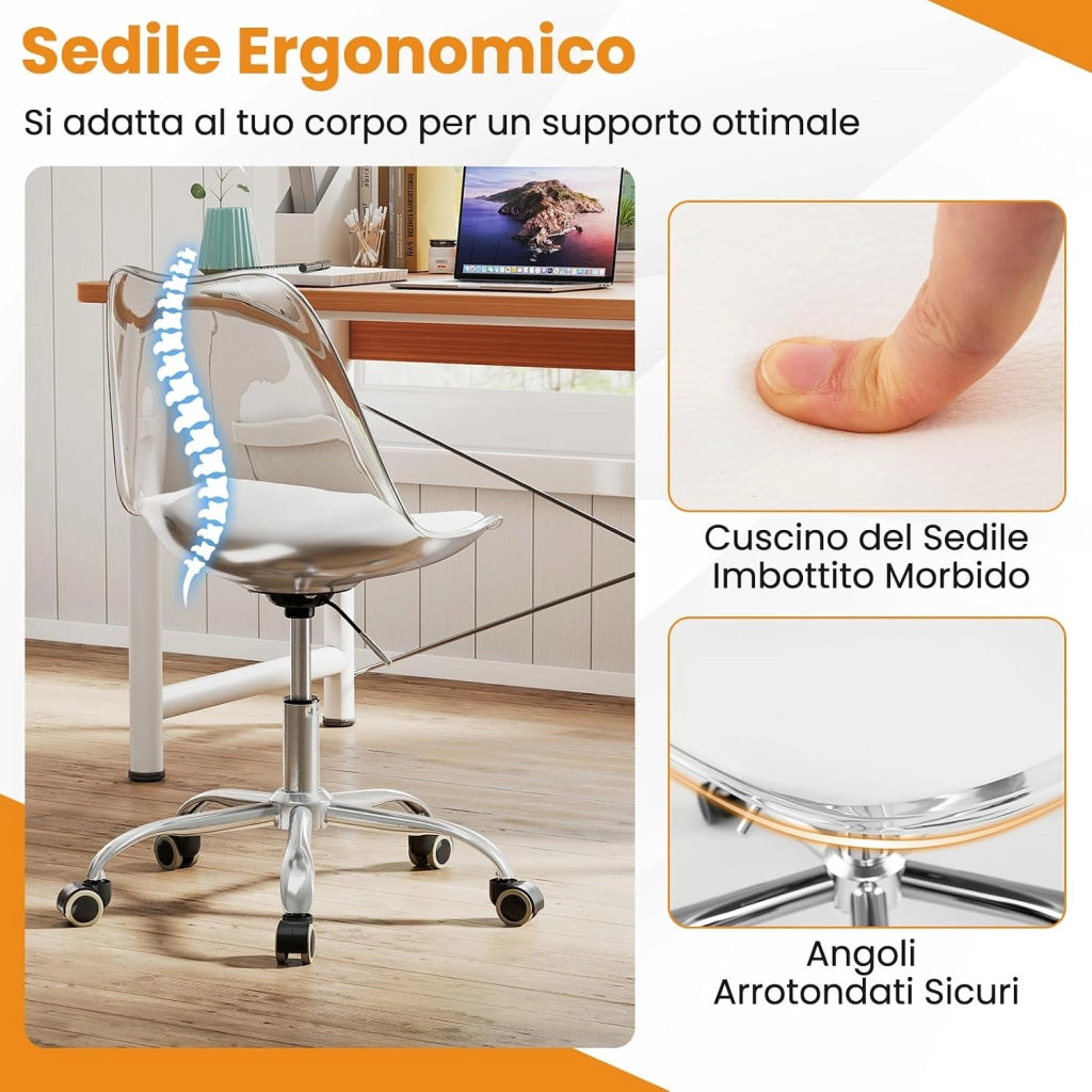 Sedia da Scrivania Ergonomica, Altezza Regolabile | Sedia da Ufficio Girevole, Seduta Imbottita, Sgabello senza Braccioli, con Ruote, Portata 150 kg, per Casa e Studio