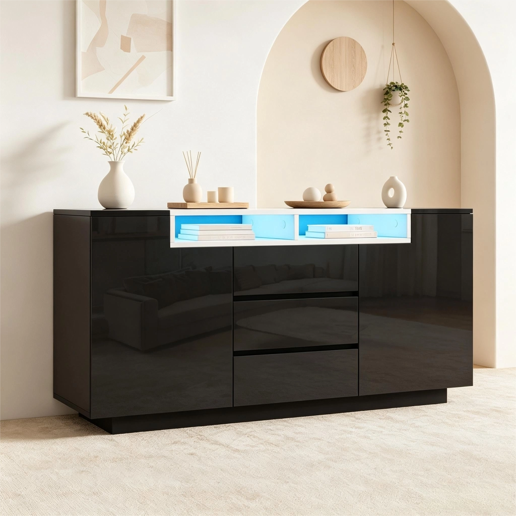 Credenza con 2 ante e 3 cassetti; illuminazione LED; per soggiorno; 140x40x68 cm; nera