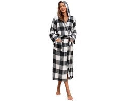 Cappuccino da camera per donne con cappuccio, lunga giacca di flanella con tessuto a maglia a quadri, plaid di pelliccia, casa, nero e bianco, taglia S/M